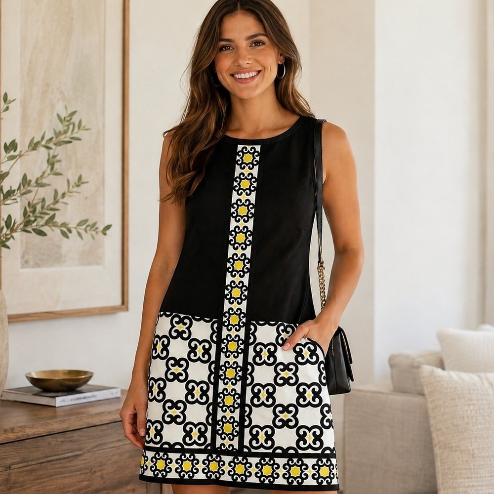 Maggy London Dress Womens 14 Black White Yellow Geometric Print Shift‎ Mod 60s